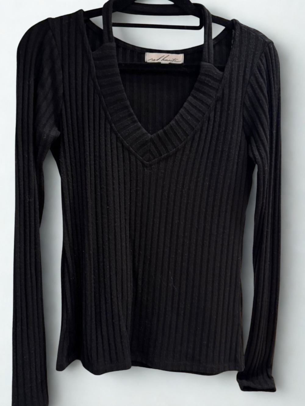 NWOT Red Haute Black Ribbed V-Neck Halter Sweater Top, Size XS.